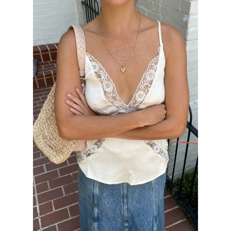 Kamizelka damska Combhasaki z koronkowym wykończeniem, satynowa, na ramiączkach spaghetti, z dekoltem w serek, z siateczki i koronki, top typu camisole w stylu Y2K, zwiewny, idealny na wyjście i do noszenia warstwowo.