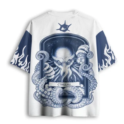 Cthulhu Octopus Monster Mesh Jersey, Vintage Art V Neck Short Sleeve Top