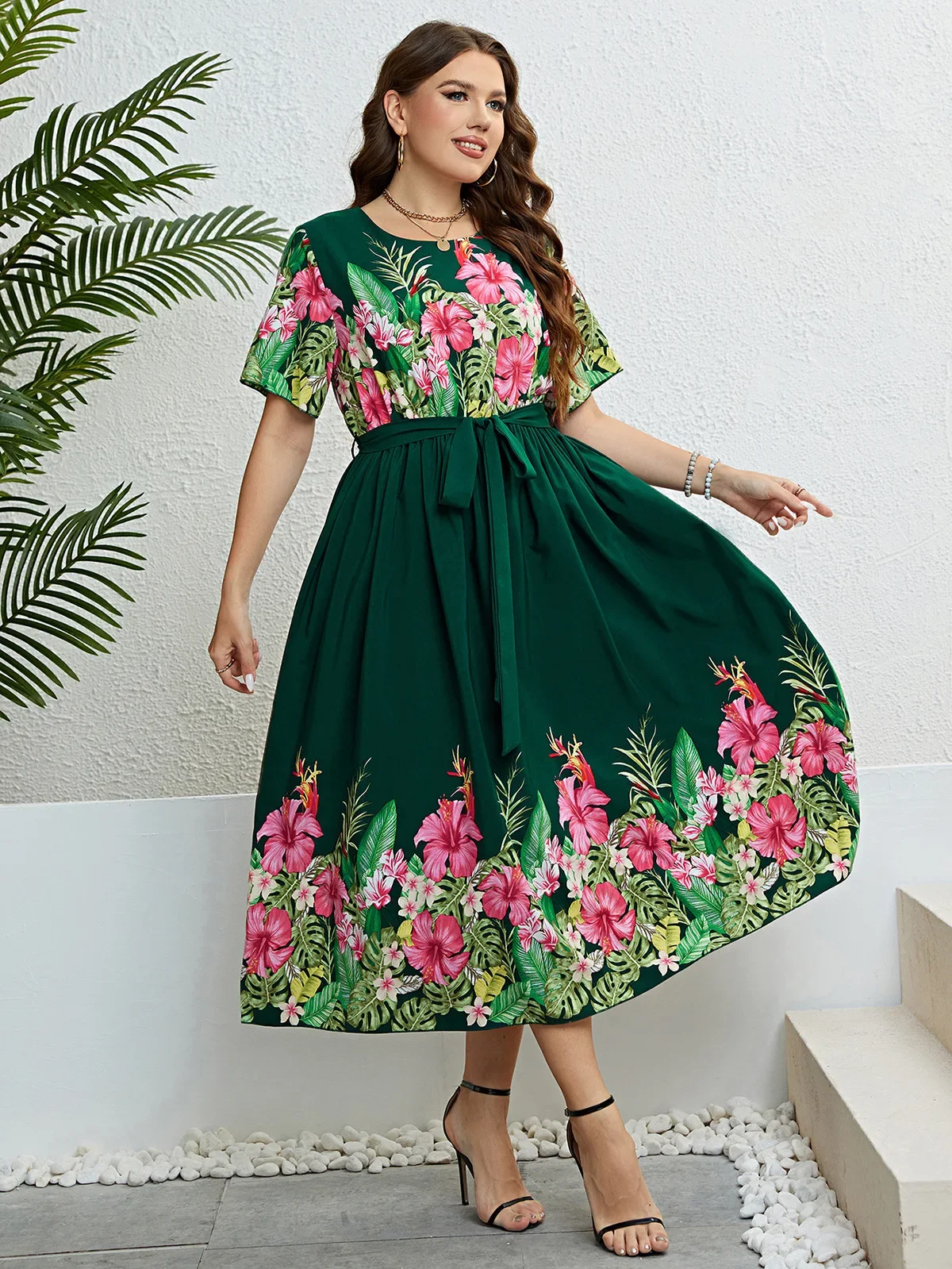 Plus Size Womne Dress Crew Neck Floral Print Patchwork Female Robe A-Line Color Block Short Sleeves Lady Waist Belt Summer Gown