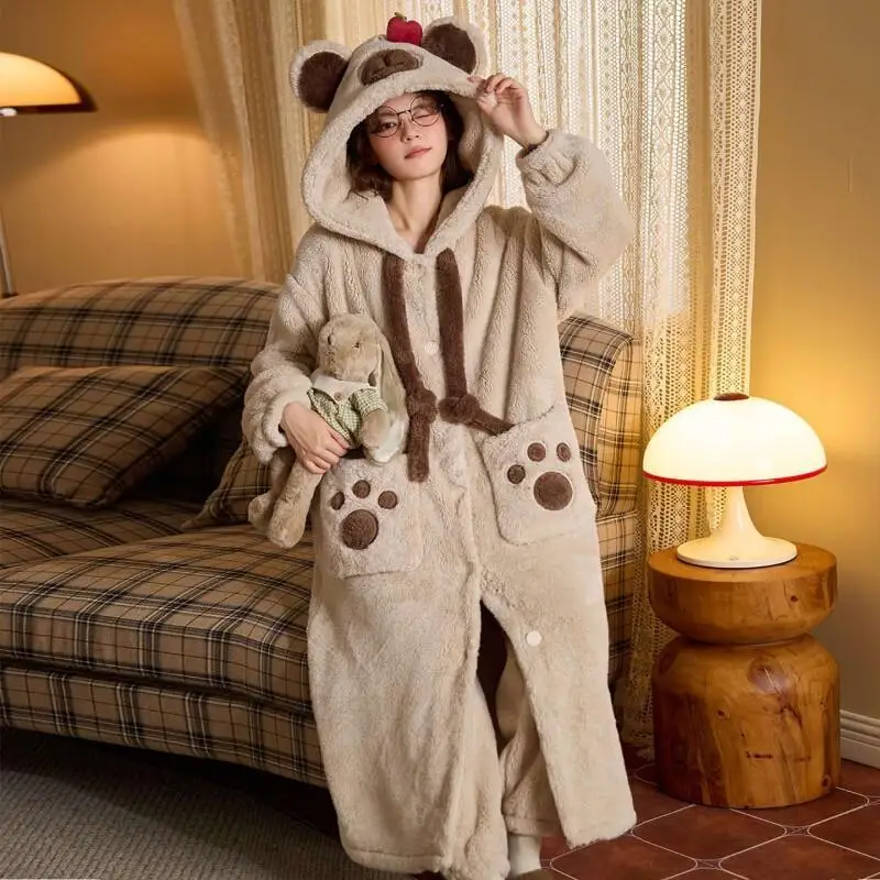 

Comfortable Sleepwear Home Wear Women's Coral Fleece Cute Nightgown Pajama Set Autumn Winter Girl Thick Velvet Robe Loungewear