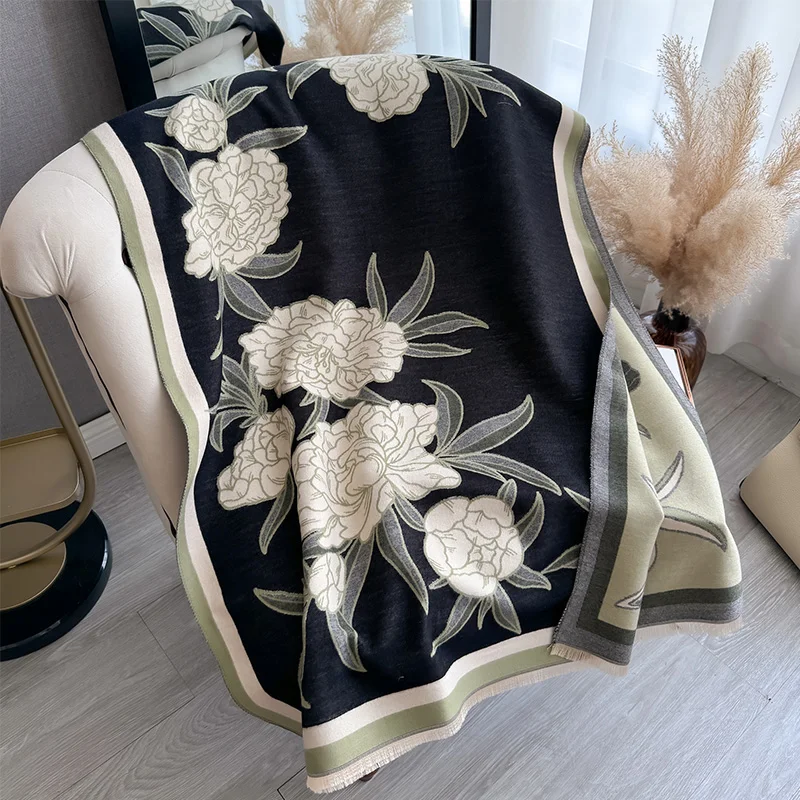 New Luxury Hydrangea Winter Two-Sided Cashmere Jacquard Scarves High Quality Women Thicken Wrap Shawl Ladies Wool Pashmina Scarf