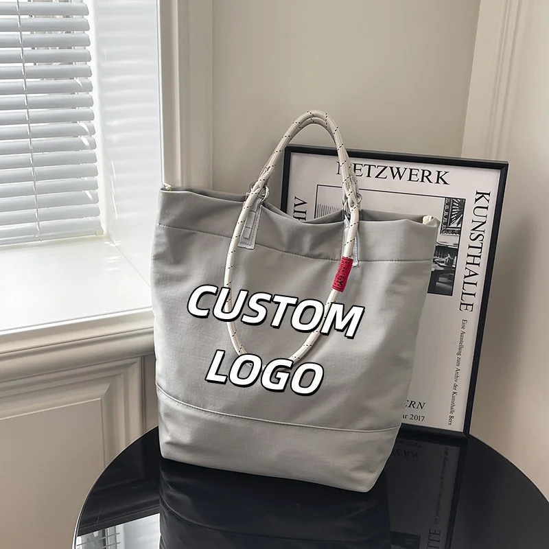 Custom Logo Nylon Tote Bag Large Capacity Lightweight Shoulder Handbag Zipper Closure Work Office Daily Commute Shopping Bag