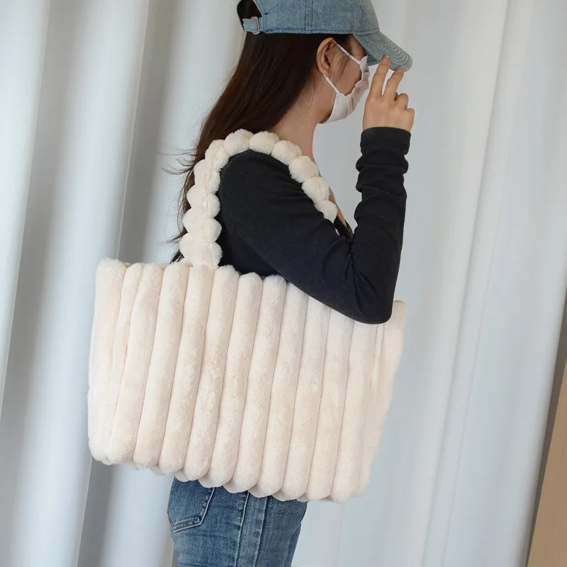 Faux Fur Tote Bag Women Striped Plush Shoulder Bag Large Capacity Fashion Fall Winter New Arrival Guangzhou High Quality Bag