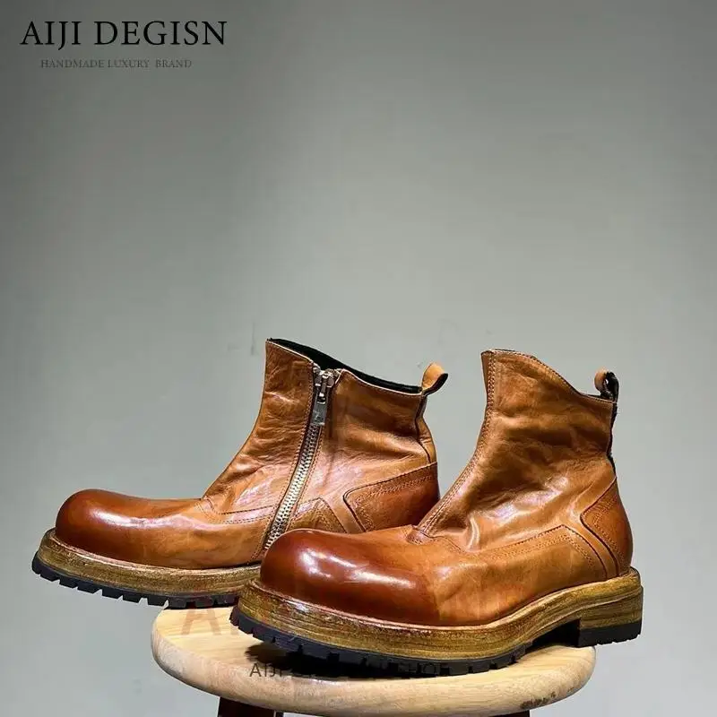 

Handmade Vintage Cowhide Casual Motorcycle Boots Men Shoes Genuine Leather Thick Sole Non-slip Wear-resistant Work Ankle Boots