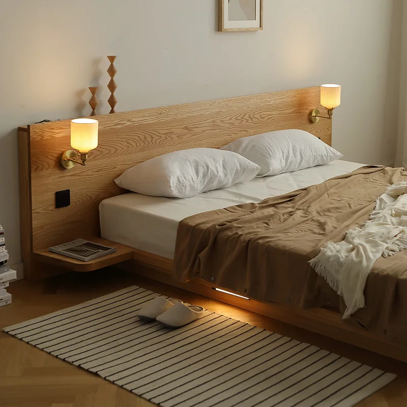 Nordic style large board backrest solid wood bed, oak bed, floor bed