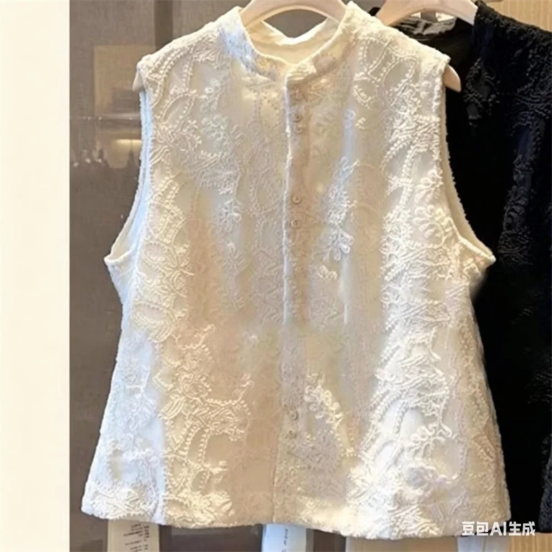 

New Vest Embroidered Loose Vest Coat Women's Spring and Summer sun Protection with Stand-up Collar Lace Sleeveless Vest Coat