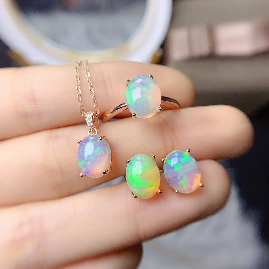 

Natural Opal Set 925 Sterling Silver Women's Necklace Ring earrings Elegant women's Christmas gift with free shipping