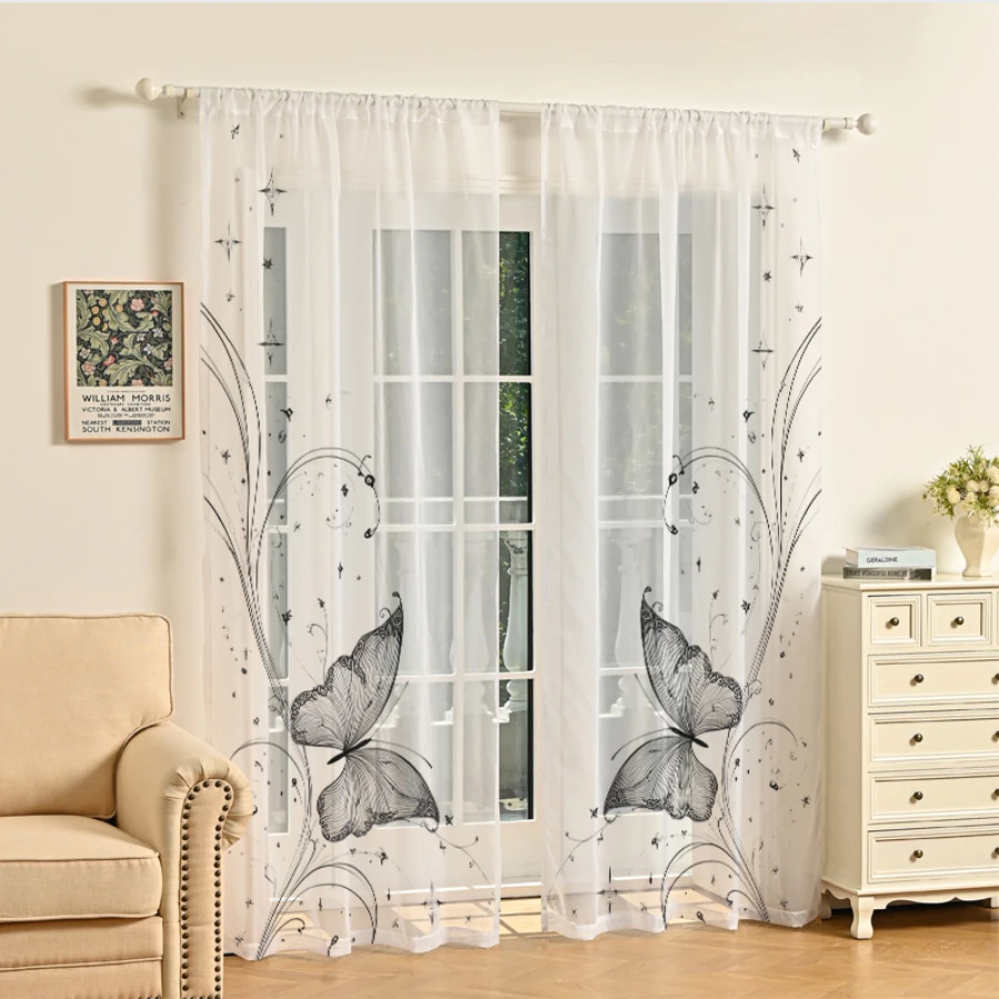 2PCS Digital Print Sheer Curtains, Black Butterfly Starburst, Gothic Celestial Dark for Bedroom Living Room Home Decor
