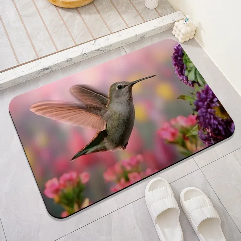 Hummingbird Bee Purple Flower Rectangular Door Mat, Floor Mat, Wild Bird Flower Print, Entrance Kitchen Carpet Decoration