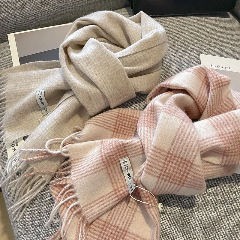 Scarf Long Australian Lambswool Cream Plaid Thick Warm Winter Neck Warmer Korean Sweet Style for Women Students Cozy
