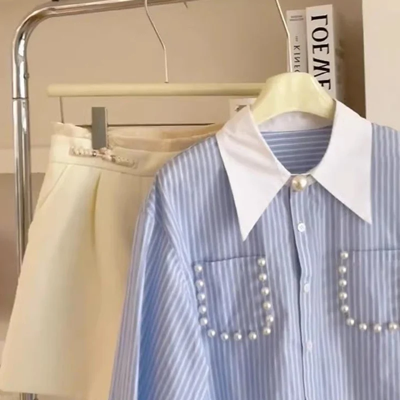 Simplicity Elegant Patchwork Long Sleeve Blouse Temperament Spring New Striped Shirts All-match Diamonds Turn-down Collar Tops