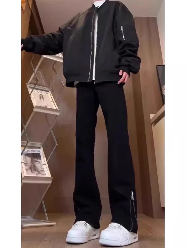 

Bla Zipper Design Flared Straight Leg Jeans Men's Autumn Winter High Street Cool Slim Fit Thi Denim Wear Resistant Jeans