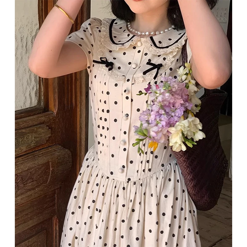 Sukienka midi w kropki vintage damska kawaii kokarda koronkowa sukienka letnia elegancka koreańska bufiaste krótkie rękawy obcisła vestidos