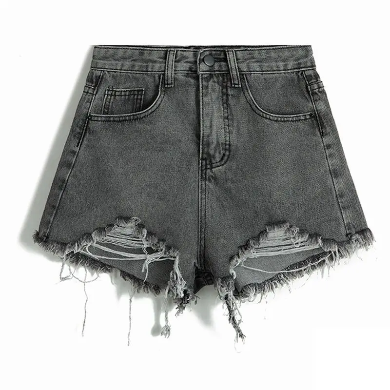 Shorts Jeans Femininos de Cintura Alta, Versão Coreana, Vintage, Soltos, com Perna Larga, Desfiados e Rasgados, para o Verão