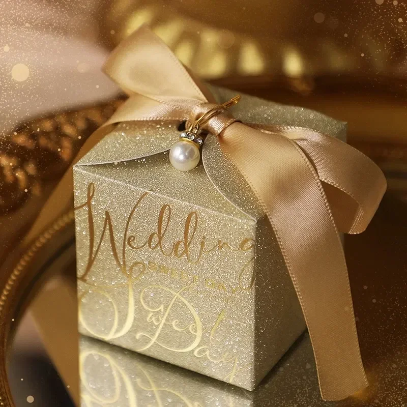 New 10pcs/Lot Wedding Candy Box With Pearl Ribbon Bow High-End Gift Chocolate Box High Quality Glitter Powder Shell Gift Boxs image 2