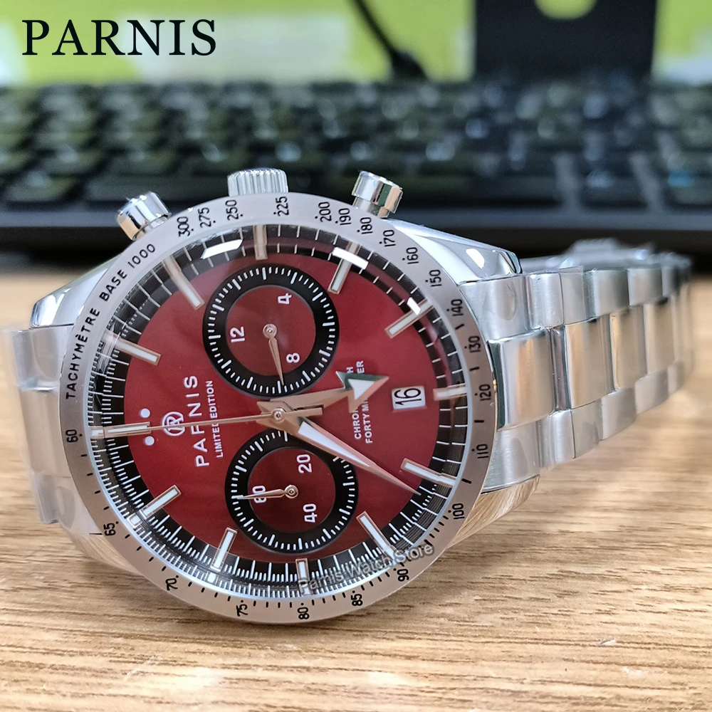 Parnis 40mm Red Dial Quartz Chronograph Men\'s Watch Stainless Steel Strap Men Waterproof Sports Watches Gift Clock