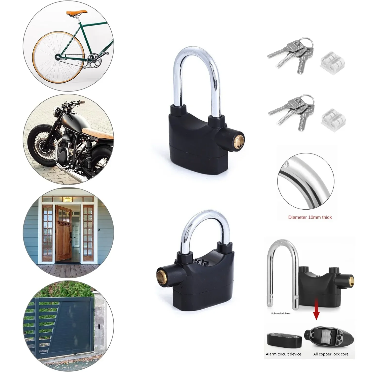 Long/Short Cross-Beam Alarm Lock 110dba Universal Security Alarm Lock System Anti-Theft for Door Motor Bicycle Padlock w/ 3 Keys