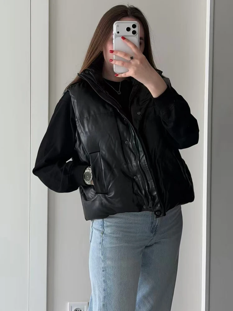 

FSMG Spring Autumn PU Leather Vests Women Elegant Black Stand Collar Zipper Short Jacket Fashion Streetwear Puffy Down Waistcoat
