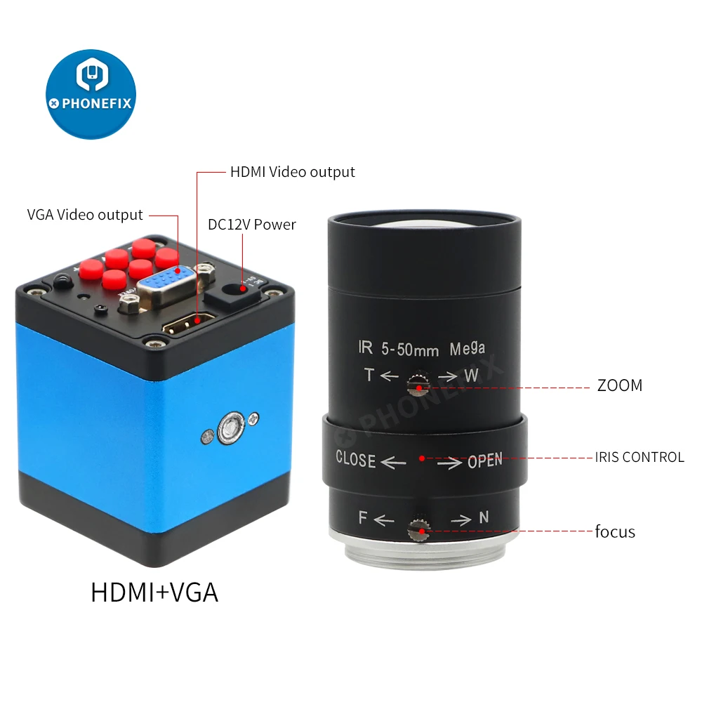 HDMI VGA Microscope Camera 1080P Full HD Webcam with 5-50mm F1.6 Zoom Lens Light Cantilever Holder for Industrial Machine Vision