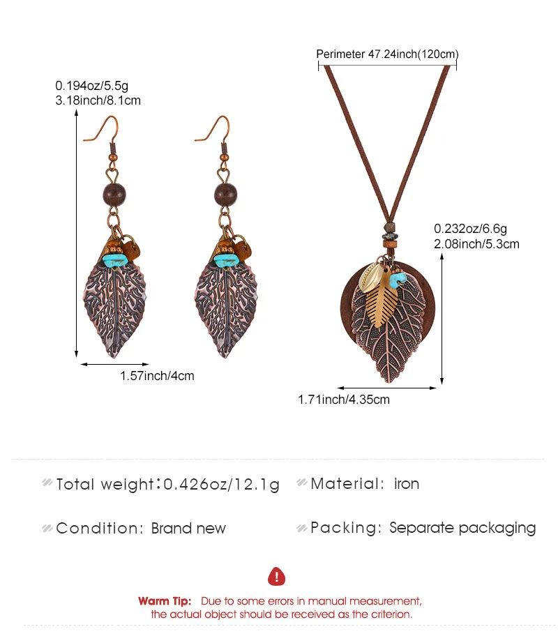 خمر ورقة تصميم انخفاض الأقراط قلادة الخرز الخشبي لهجات النحاس للنساء مجموعات مجوهرات النمط البوهيمي