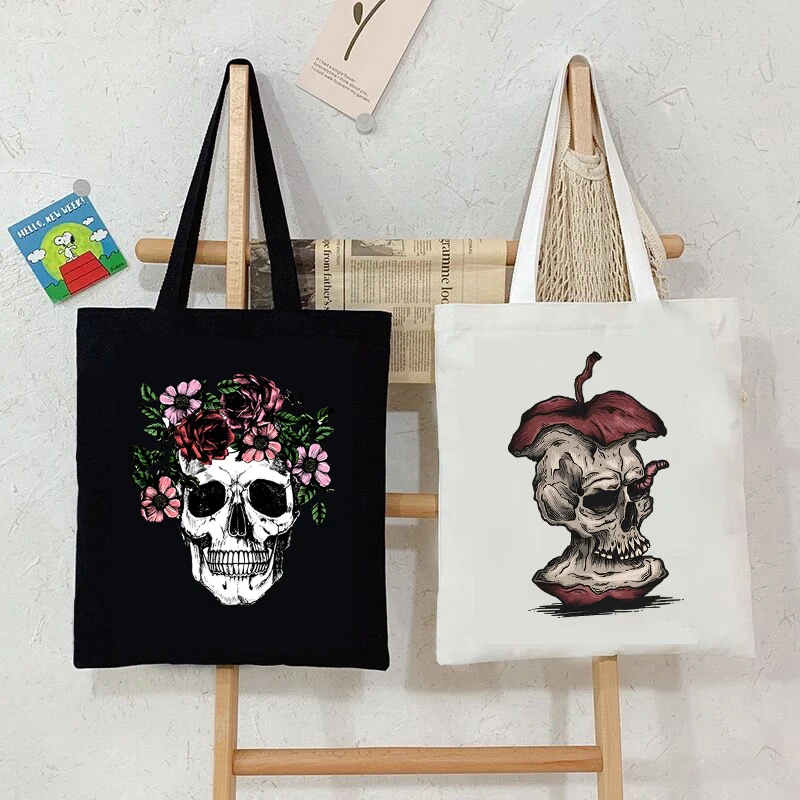 

Women Vintage Skull Print Shoulder Bag Harajuku Gothic Skeleton Canvas Tote Bags Men Reusable Shopping Bag Fashion Lady Handbags