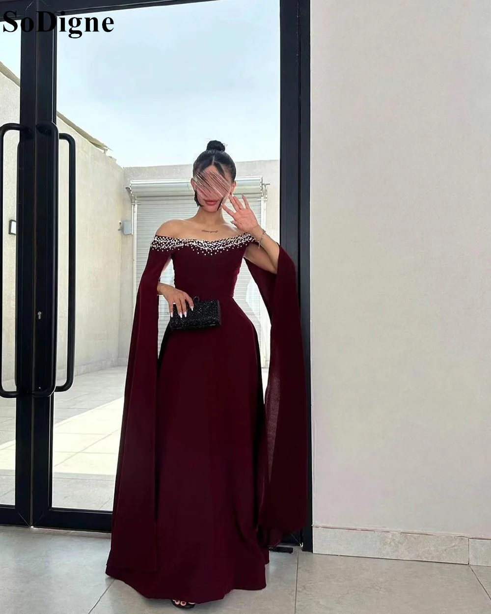 SoDigne Dubai Elegant Satin A-Line Evening Dresses Beading Cape Sleeves 2024 Saudi Arabic Formal Occasion Prom Gowns for Women