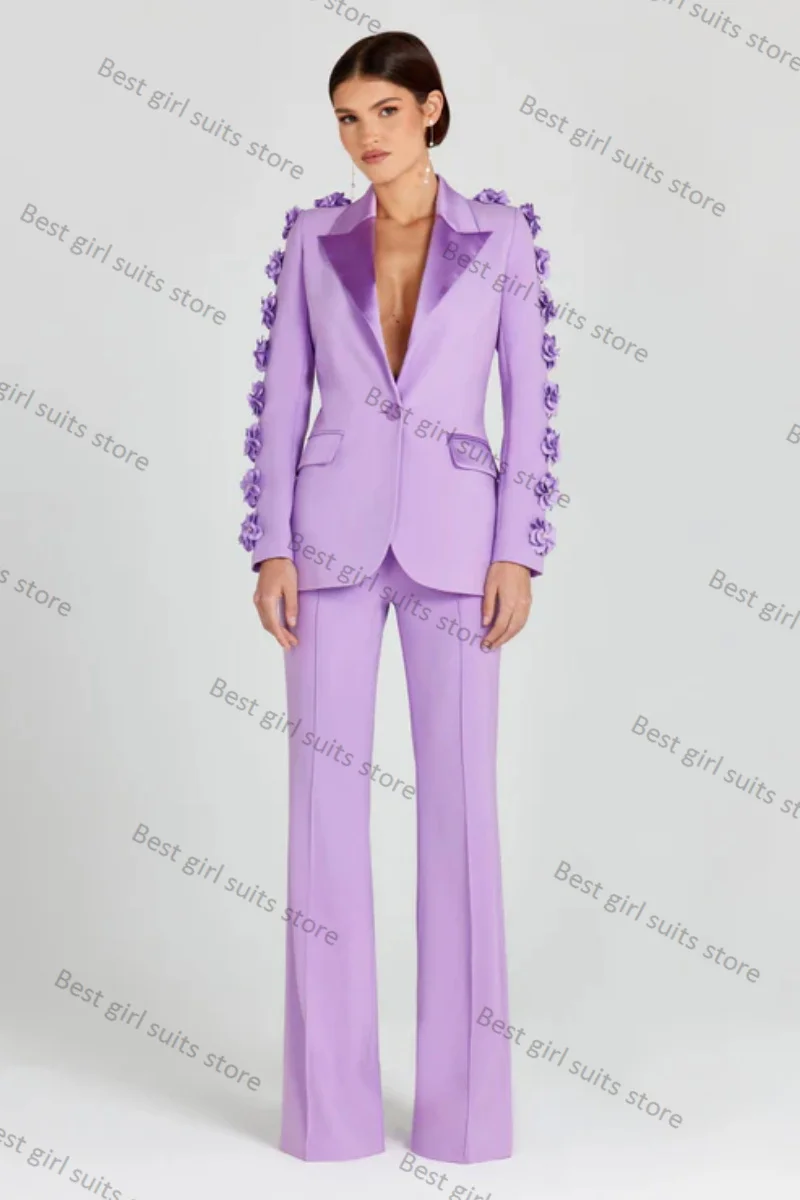 

Purple Women Suit Set 2 Piece Blazer+Pants Formal Office Lady Jacket 3D Flower Customized Spring One Button Coat Prom Trousers