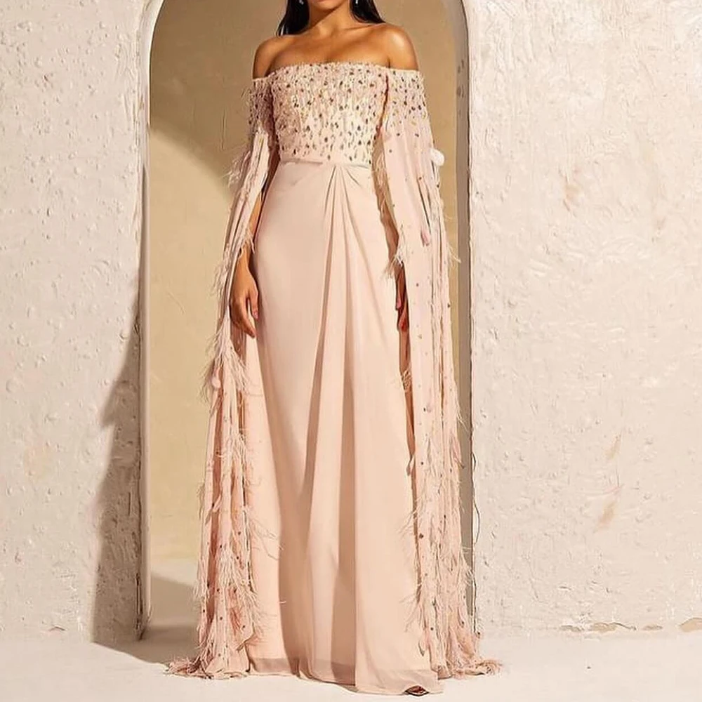 

Customized Exquisite Feathers Crystal Off the Shoulder Chiffon Evening Dresses Delicate Boat Neck Long Sleeves Homecom