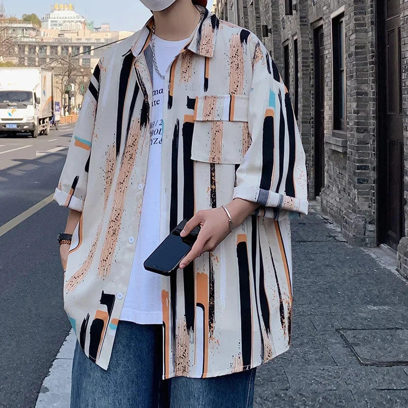 جديد 2025 الصيف التباين اللون قصيرة الأكمام قميص الرجال الكورية موضة فضفاضة مخطط قمصان رجالي عادية حجم كبير بلايز الرجال #1