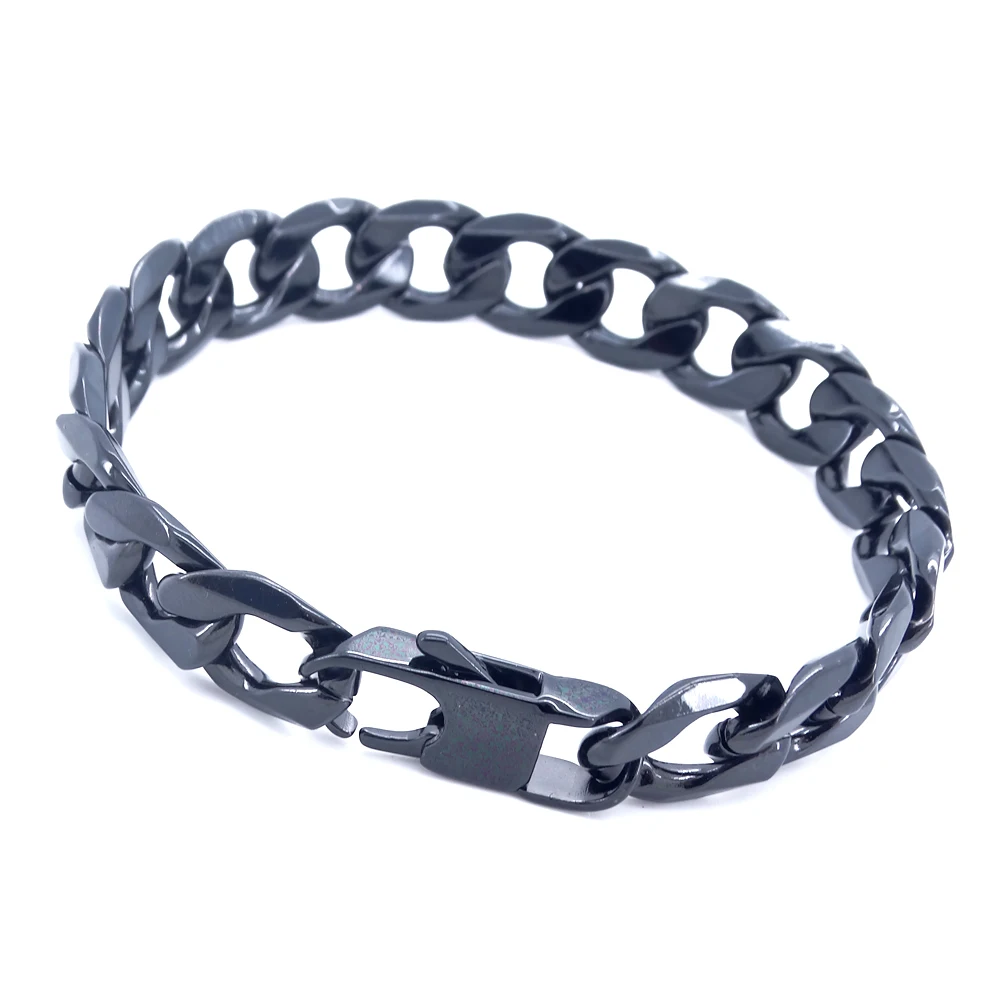 New Trendy Cuban Chain Men Bnagle Classic Stainless Steel 12MM Width Shine Black Bracelets for Women Jewelry Gift