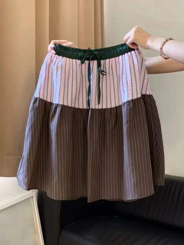 Vintage Stripe Women Skirt Contrast Color Patchwork A-line Saia Fashion Jupe 2026 Faldas Mujer De Moda Casual Drawstring Skirts