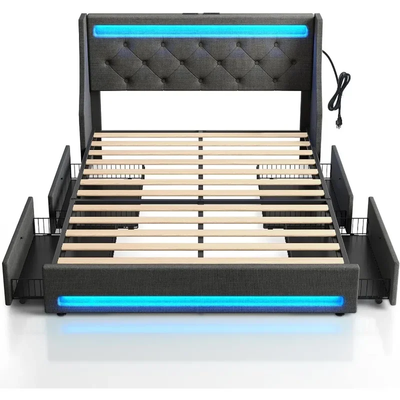 ZHENXIANG Queen Bed Frame with LED Lights and Charging Station, Upholstered Bed with Drawers, Wooden Slats,  Easy Assembly