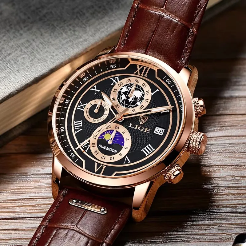 LIGE Jam Tangan Pria Jam Tangan Bisnis Modis Jam Tangan Kuarsa Chronograph Tahan Air Kulit Olahraga Kasual Pria untuk Pria Jam Tanggal Bulan