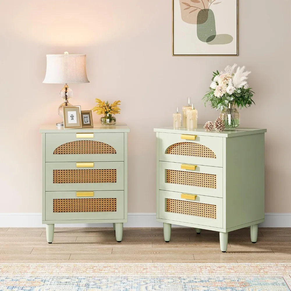 Mint Green Nightstand, 3-Drawer Rattan Night Stand Side Table, Accent Bedside Tables End Table for Bedroom and Small Spaces, Ea