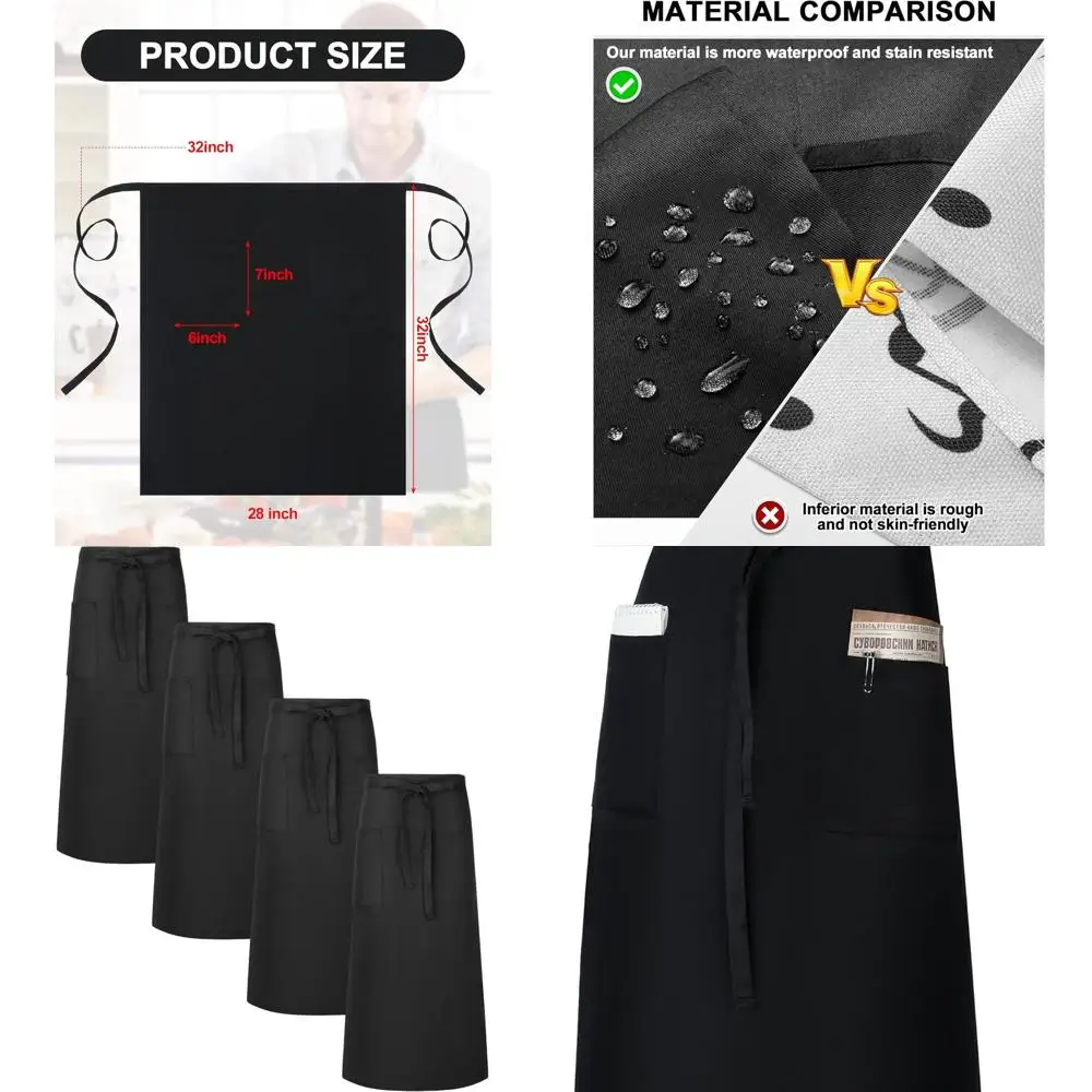 

Набор из 4 водонепроницаемых фартуков для бистро унисекс, 32 длинных, с двумя карманами и удлиненными завязками для персонала спереди