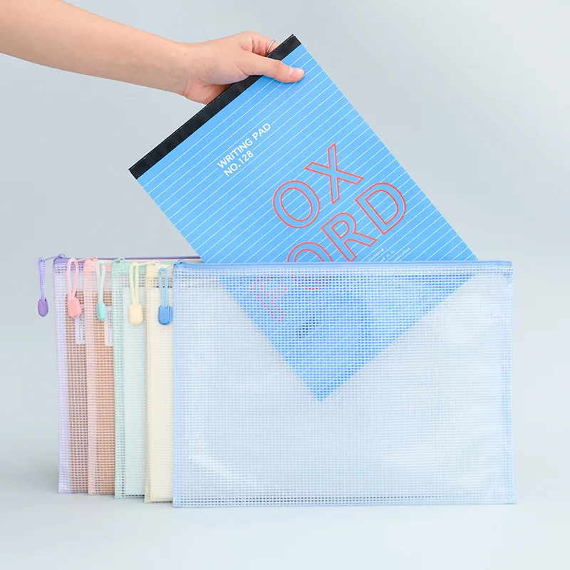 Macaron Grid Pen Bag - A4/A5 Size  Waterproof Transparent - Travel Bag Office Supplies File Bag Random Colors