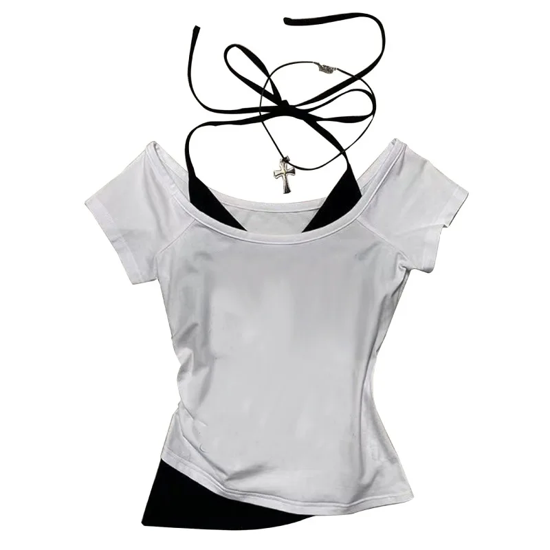 Y2K vest summer new style European and American personalized fake two-piece T-shirt design hanging neck fashionable top