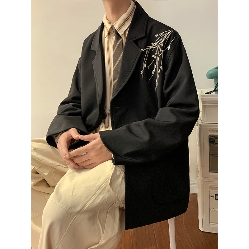 Casual Blazers Men Orchid Embroidery Solid Color Single Breasted Suit Jackets Japan Style Notched Collar Popular Interview Suits