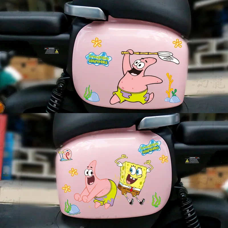 การ์ตูนน่ารัก SpongeBob SquarePants สติ๊กเกอร์ Patrick Star หมวกกันน็อครถจักรยานยนต์สติกเกอร์รถยนต์ไฟฟ้าเพื่อป้องกันรอยขีดข่วนขายส่ง