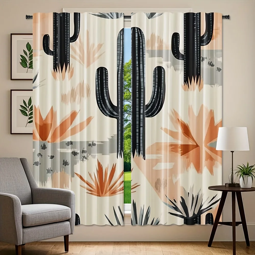 2pc Bohemian cactus print curtains, made of polyester, machine washable, modern style, suitable for bedroom.