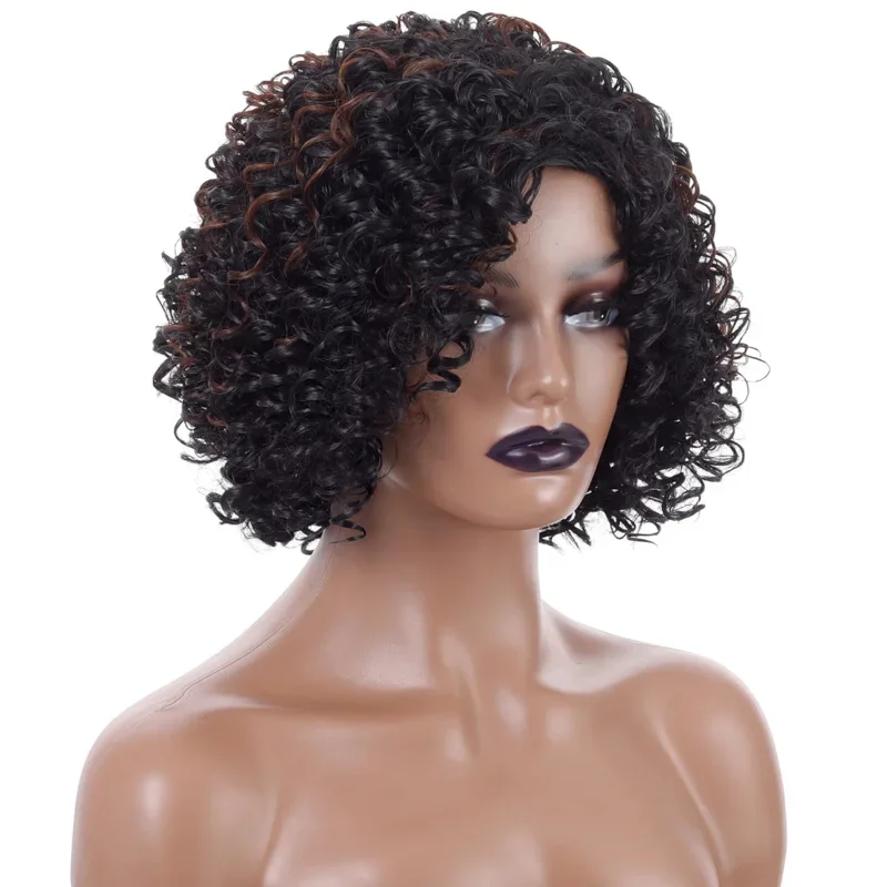 Ombre Brown 70s Afro Wigs for Women Short Curly Wigs with Side Bangs Synthetic Kinky Wig Natural Hair African American Wigs