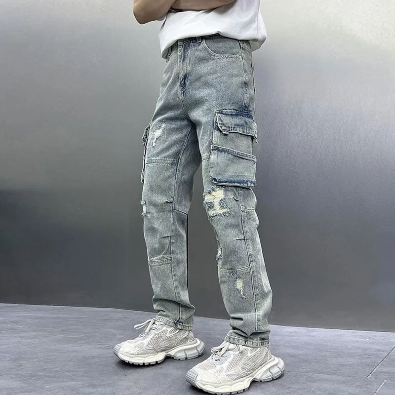 High Street Fashion Men Jeans Retro Washed Blue Multi Pockets Loose Denim Cargo Pants Hombre Hip Hop Straight Ripped Jeans Men