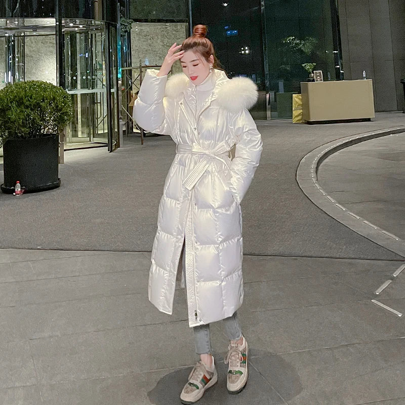 Abrigos de plumón de pato blanco 90% con cuello de piel de zorro Real para mujer, Chaqueta larga brillante para nieve, Parkas largas sueltas de