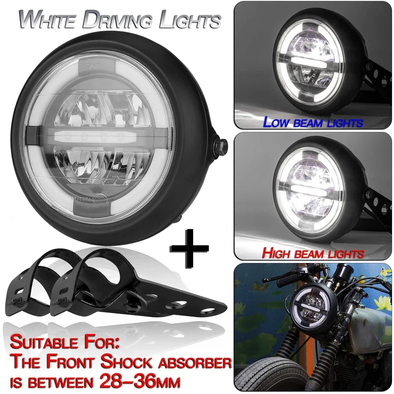 

12V Universal Motorcycle Headlamp 7.5Inch Motorbike Refit Headlight Retro Black Round White Light Headlamp Assembly 28-36Mm