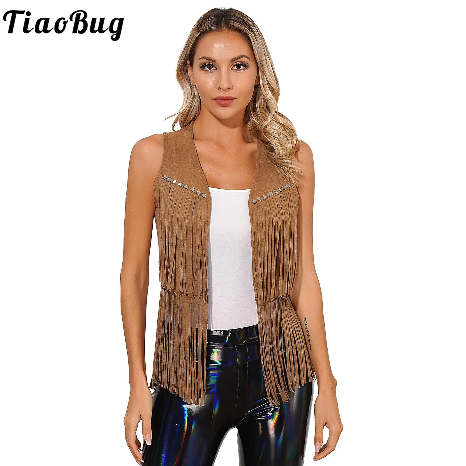 

Womens Rave Party Clubwear Faux Suede Tassel Vest Fashion Rivets Fringe Waistcoat Open Front Sleeveless Jacket