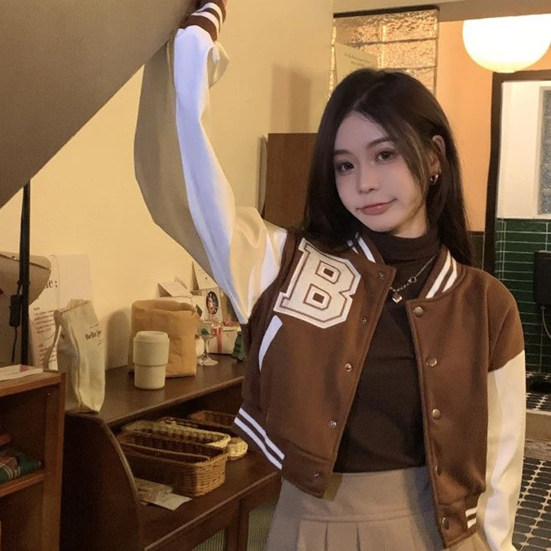 Gidyq Brown Warm Baseball Jacket Women Autumn New Patchwork Button Crop Top Korean Sweet Preppy Style Long Sleeve Female Coat