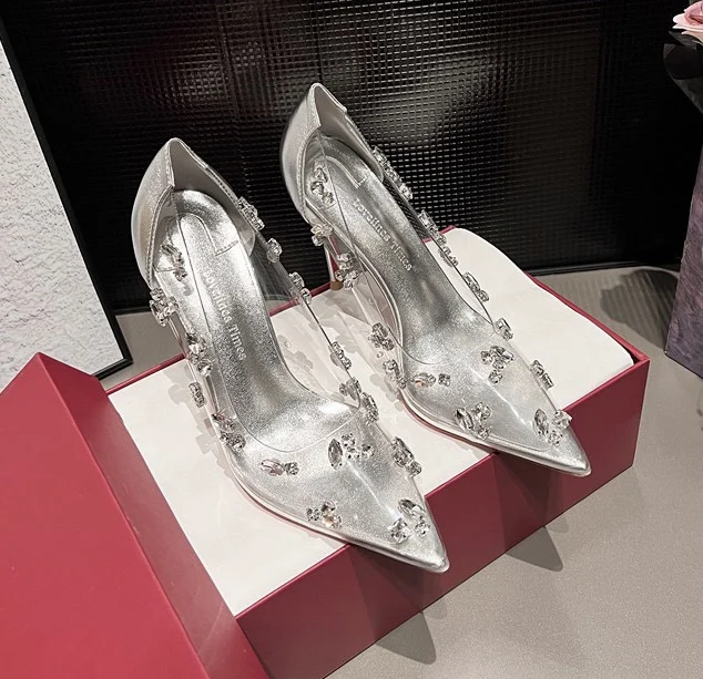 New pointed high heels, women's wedding shoes, banquet shoes, rhinestone transparent thin heels, sexy shallow mouth single shoes