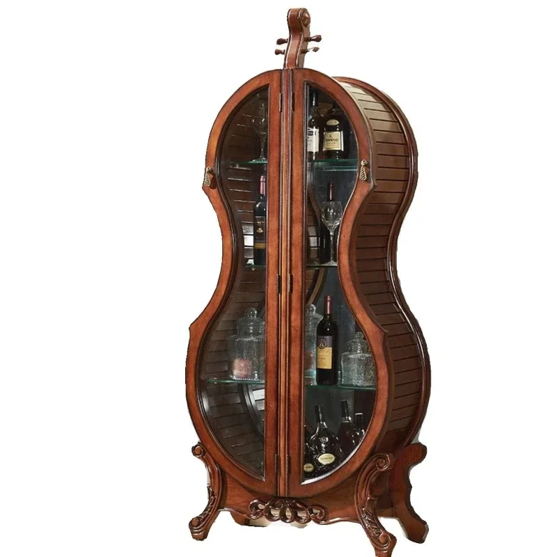 

American solid wood retro wine cabinet cello living room display cabinet European decorative double door ornament glass door