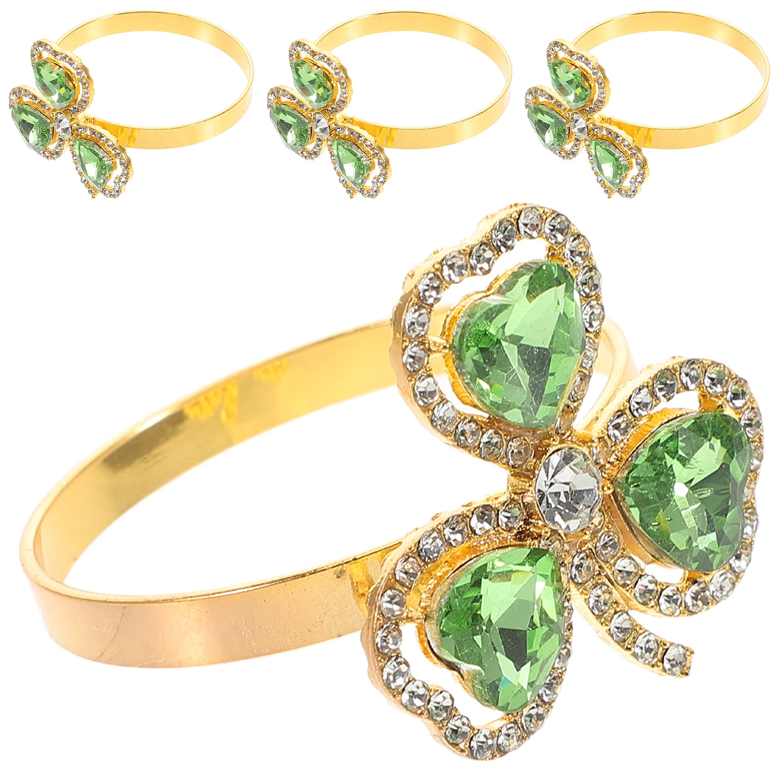 

4pcs St Patrick'S Day Rings Clover Design Rhinestone Decorative Serviette Buckles Metal Buttons Party Wedding Decor