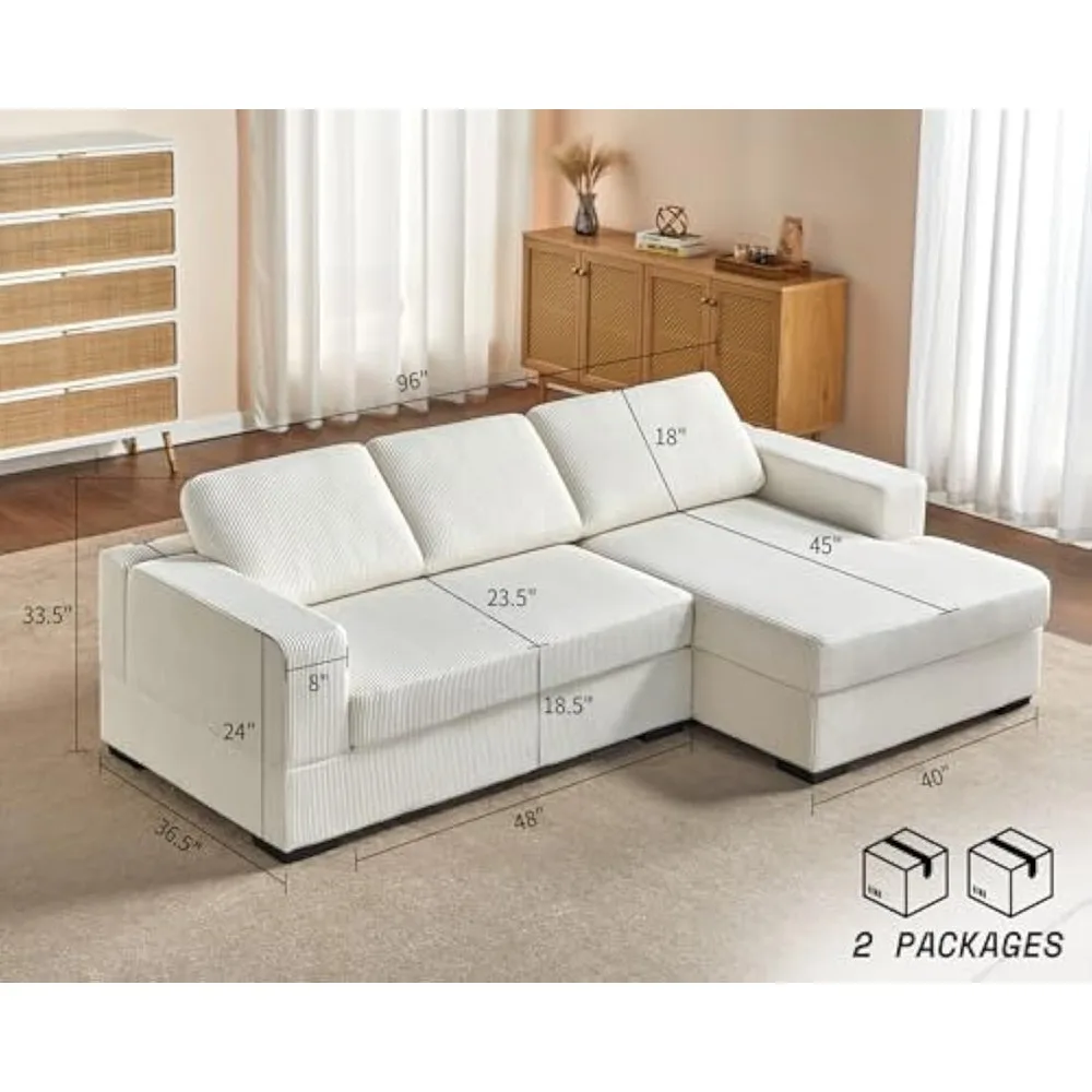 96 inch Oversized Sectional Sofa, Modern Couch with Chaise, Comfy Sofa Couch with Right Chaise, White Corduroy Sofa